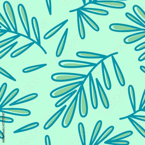 Seamless pattern with rosemary sprigs and leaves on mint color background. Natural organic texture for wrapping paper, wallpaper, fabric pattern, packaging. 