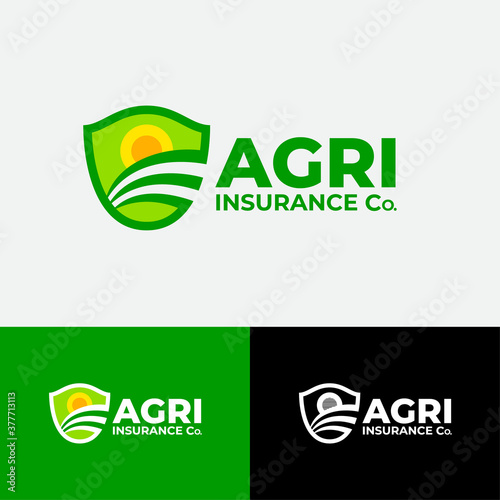 Agriculture logo. Agri insurance Co. Icon consist of green Heraldic shield with sun and fields. Farm food emblem on different backgrounds.