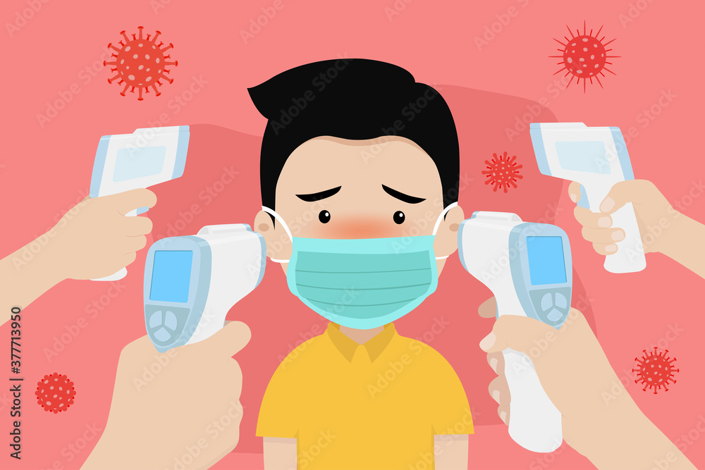 Hands holding infrared thermometer to measure body temperature at forehead result. Man wearing a surgical mask protection of virus. Concept of protection corona virus or covid-19 Hands holding infrared thermometer to measure body temperature at forehead result. Man wearing a surgical mask protection of virus. Concept of protection corona virus or covid-19