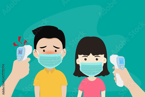 Hands holding infrared thermometer to measure body temperature at forehead result. Man and woman wearing a surgical mask protection of virus. Concept of protection corona virus or covid-19
