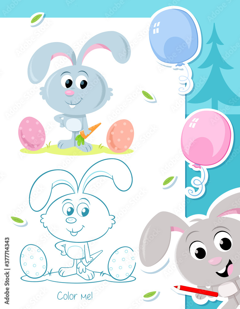 Happy easter bunnies - Coloring page for preschool and school children - Educational game - Adorable illustration