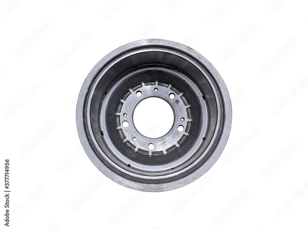 Brake drum car isolated on white background. New spare parts. Brake drum car isolated on white background. New spare parts.