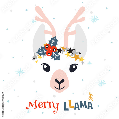 Christmas card with llama. Merry Christmas card