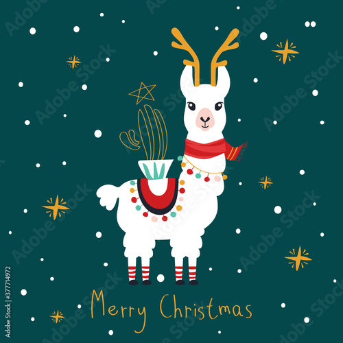 Christmas card with llama. Merry Christmas card