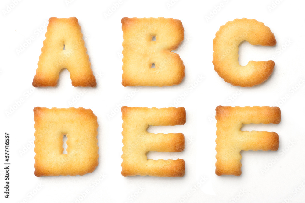A to F biscuits alphabet letters isolated on white background. Clipping path.