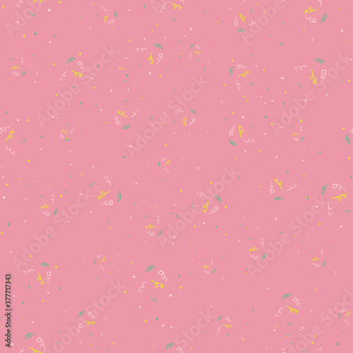 Serpentines and confetti seamless vector pattern. Pink surface print design for backgrounds, textiles, fabrics, stationery, scrapbook paper, gift wrap, and packaging.