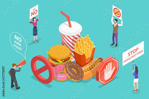 Stop Eating Junk Food, Fast Food Danger, No Health Risk Nutrition. 3D Isometric Flat Vector Conceptual Illustration.