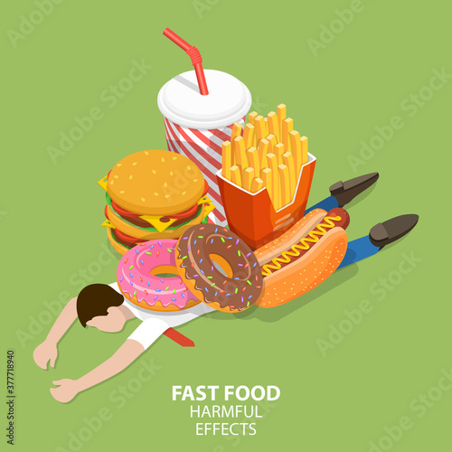 Fast Food Harmful Effects, Junk Food Danger, Unhealthy Nutrition Eating Risks. 3D Isometric Flat Vector Conceptual Illustration.