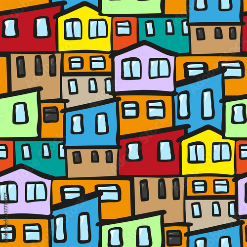 Bright multicolored colorful houses in the favela. Cute seamless pattern. Vector flat graphic hand drawn illustration. Texture. photo