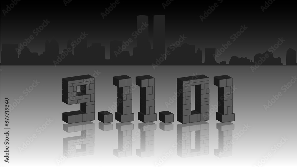 Fototapeta premium Gray 3d stylistic stone inscription 9.11.01 with mirror reflection. Silhouettes of New York buildings. EPS10