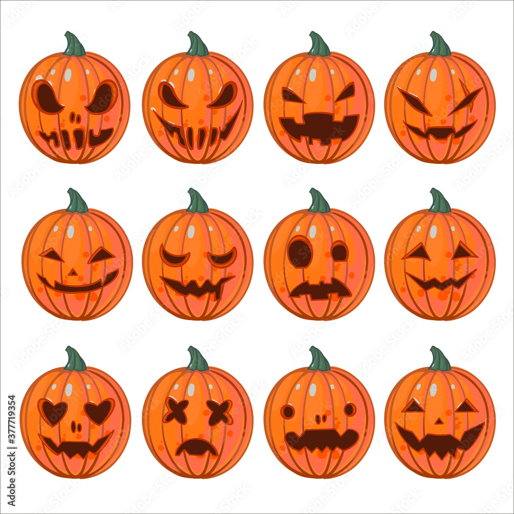Big Set of vector illustrations with jack-o'-lantern with different expressions of emotions isolated on a white background. Halloween orange pumpkins with different faces. Anger, smiling, evil, kind, Big Set of vector illustrations with jack-o'-lantern with different expressions of emotions isolated on a white background. Halloween orange pumpkins with different faces. Anger, smiling, evil, kind,