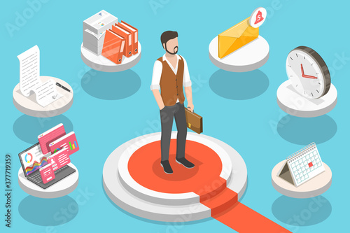 Successful Multitasking Entrepreneur, Effective Business Strategy, Time Management. 3D Isometric Flat Vector Conceptual Illustration.