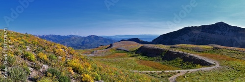 Timpanogos hiking trail landscape views in Uinta Wasatch Cache National Forest, around Utah Lake, in the Rocky Mountains in fall. Views of Midway, Heber, Provo city, Salt Lake and Utah County. USA. photo