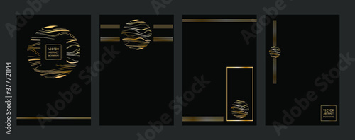 Set of branded templates. Banners. Gold elements on a black background. A circle with stripes. Logo.