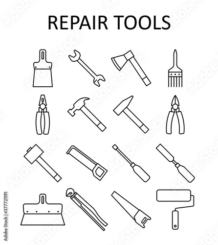 Vector outline icon with repair tools: hummer, wrench, paint roller, putty knife, nail puller, saw, pliers, ax, hacksaw, screwdriver, paint brush, sledgehammer,nippers, chisel.
