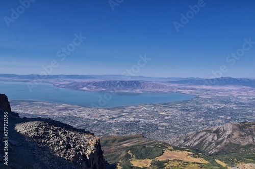 Timpanogos hiking trail landscape views in Uinta Wasatch Cache National Forest, around Utah Lake, in the Rocky Mountains in fall. Views of Midway, Heber, Provo city, Salt Lake and Utah County. USA. photo