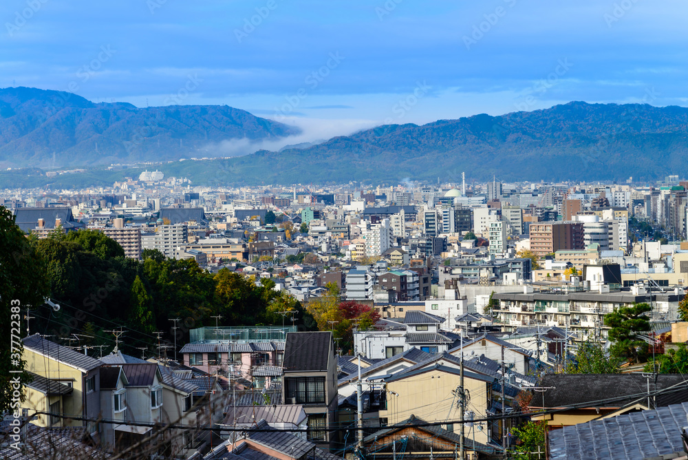kyoto skyline in morning blue sky view from from Kiyomizudera temple, Kyoto city, Japan