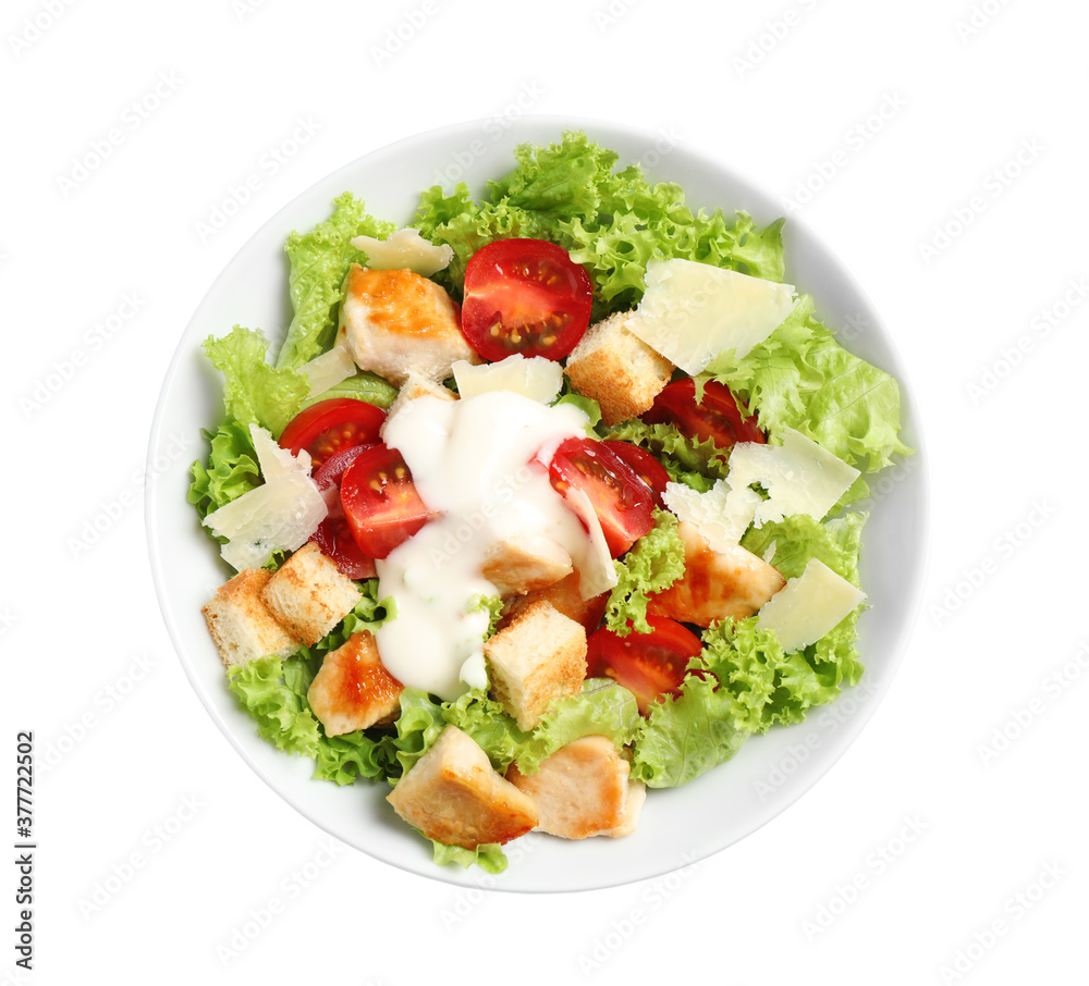 Delicious fresh Caesar salad on white background, top view Delicious fresh Caesar salad on white background, top view