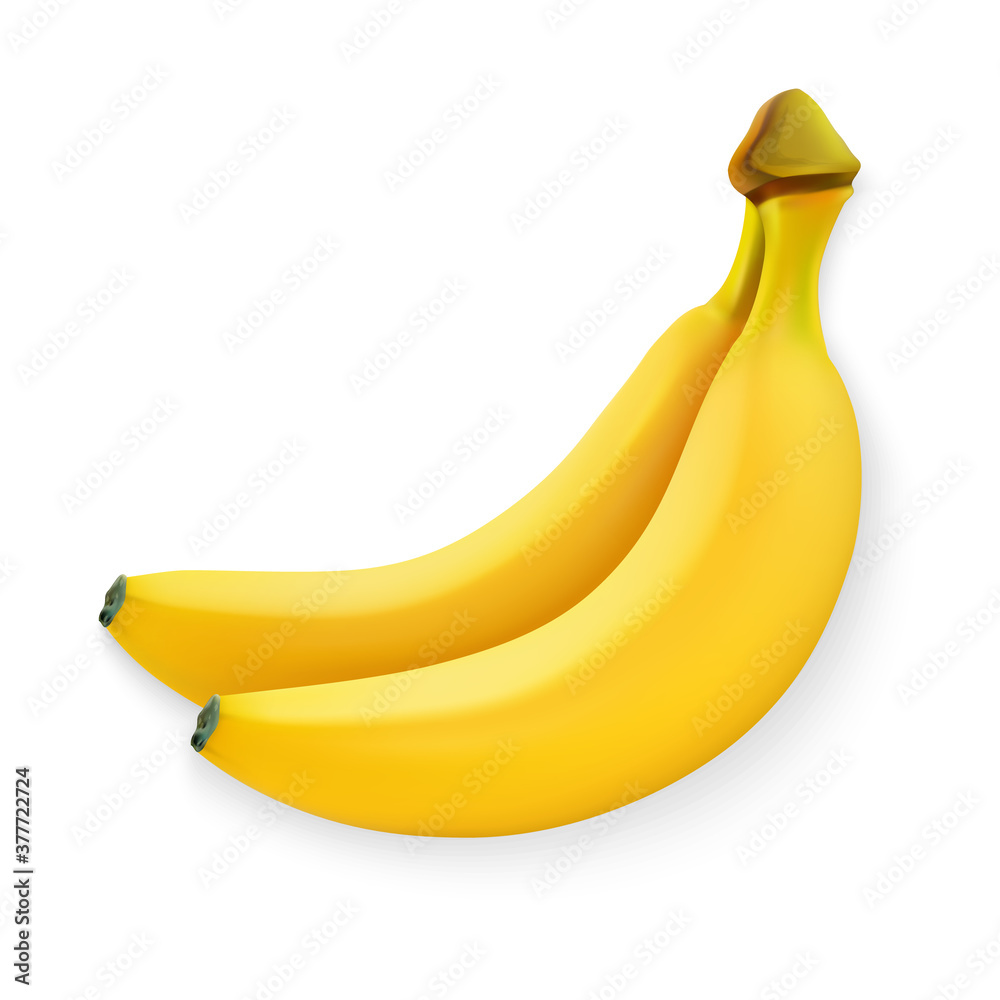 3d realistic vector illustration. Banana, fresh yellow fruit isolated on white background. Tropical organic food for your design.