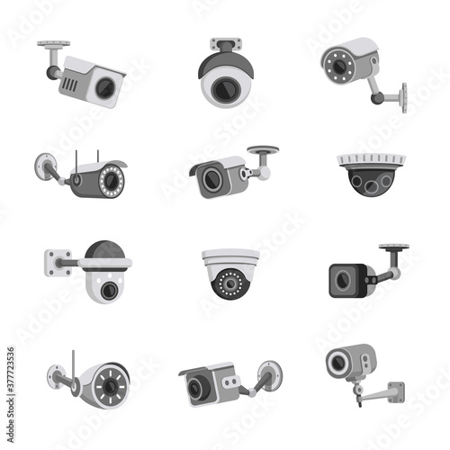 Set of surveillance security cameras in flat style. CCTV cameras, face recognition system vector illustration isolated on white background. Different recording electronic cameras.