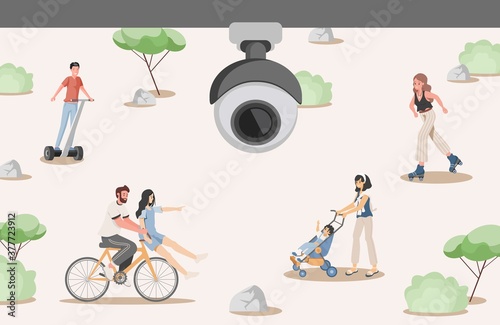 Security system in city park vector flat illustration. CCTV camera filming happy people walking in urban park. Face recognition system, video surveillance security system concept.
