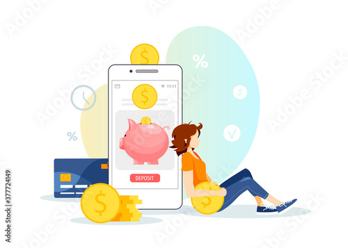 Phone with piggy bank on the screen, coins and young woman. Money saving or accumulating, Financial services, Mobile app, Internet banking concept. Isolated vector illustration.