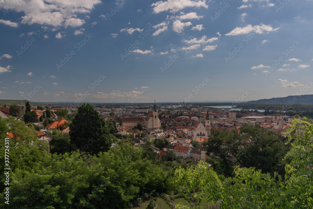 View over Krems an der Donau in summer sunny cloudy hot day
