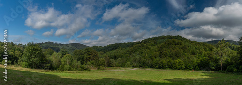 Fototapeta Naklejka Na Ścianę i Meble -  Green meadow and forest near Osadne village in valley of river Udava