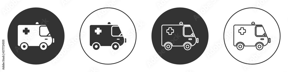 Black Ambulance and emergency car icon isolated on white background. Ambulance vehicle medical evacuation. Circle button. Vector Illustration. Black Ambulance and emergency car icon isolated on white background. Ambulance vehicle medical evacuation. Circle button. Vector Illustration.
