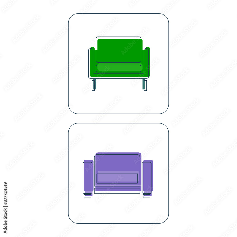 Comfortable sofa with pillow. Image of couch in thin line art style. Element furniture of the interior. Modern stylish object for relaxation. Set flat illustration with settee on white background Comfortable sofa with pillow. Image of couch in thin line art style. Element furniture of the interior. Modern stylish object for relaxation. Set flat illustration with settee on white background