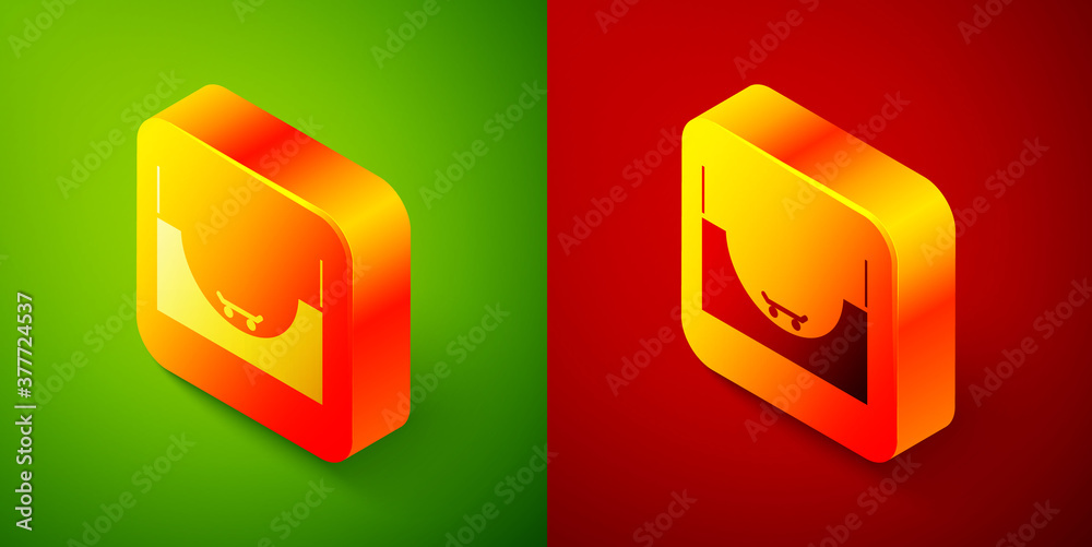 Isometric Skate park icon isolated on green and red background. Set of ramp, roller, stairs for a skatepark. Extreme sport. Square button. Vector Illustration. Isometric Skate park icon isolated on green and red background. Set of ramp, roller, stairs for a skatepark. Extreme sport. Square button. Vector Illustration.