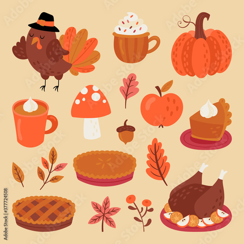 Thanksgiving holiday cute elements set. Childish print for cards, stickers and party invitations.