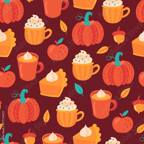 Seamless pattern for Thanksgiving holiday with pumpkin spice latte coffee and pumpkin pie. Childish background for fabric, wrapping paper, textile, wallpaper and apparel. Vector Illustration