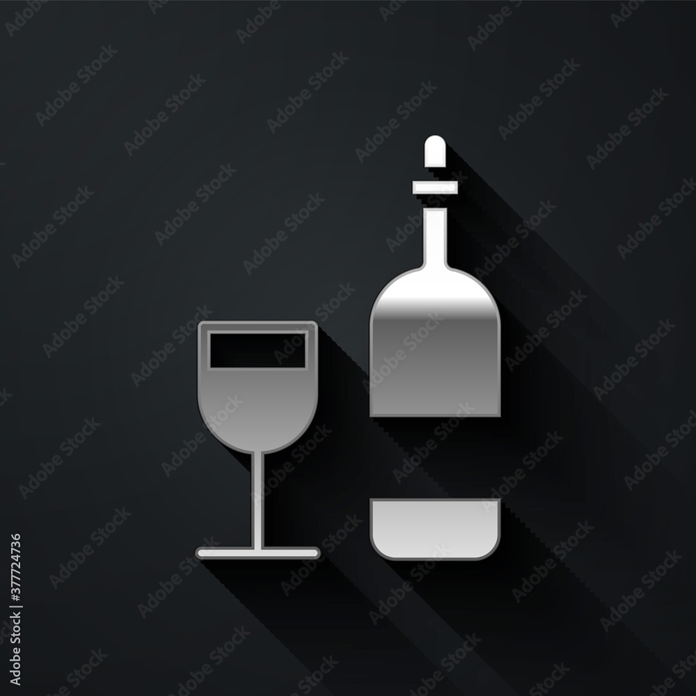 Silver Wine bottle with glass icon isolated on black background. Long shadow style. Vector Illustration.