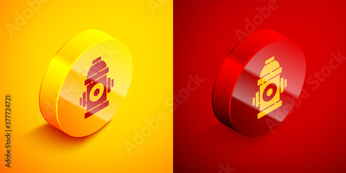 Isometric Fire hydrant icon isolated on orange and red background. Circle button. Vector Illustration.