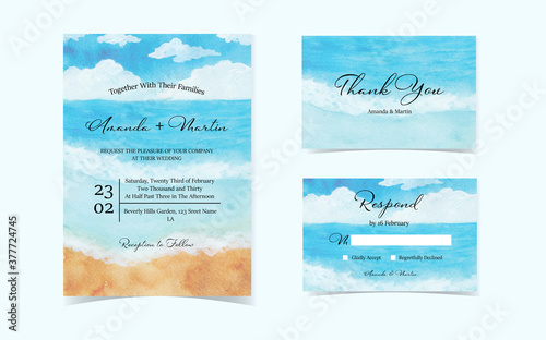 set of ocean with blue sky wedding invitation card