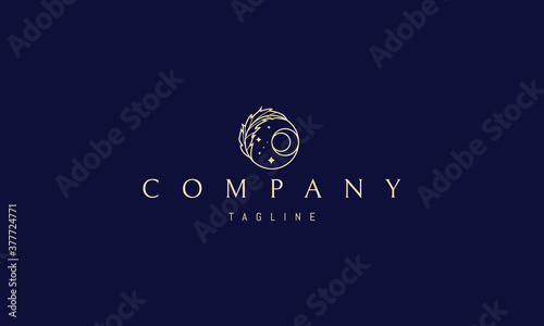 Vector golden logo on which an abstract image of a feather in a circle with a moon from circles.