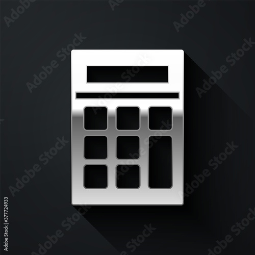 Silver Calculator icon isolated on black background. Accounting symbol. Business calculations mathematics education and finance. Long shadow style. Vector Illustration.