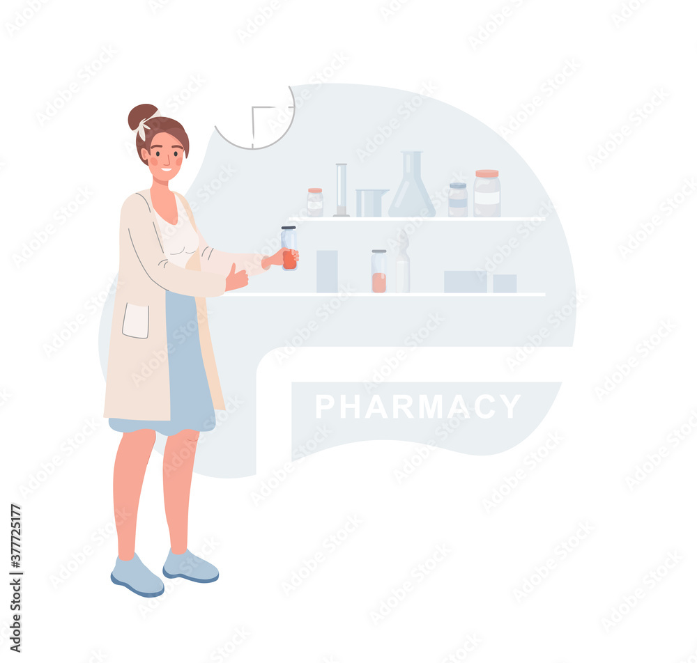Young pharmacist in a white medical robe holding a bottle with red liquid and showing thumb up vector flat illustration. Pharmacist woman advertises new drugs in the pharmacy. Young pharmacist in a white medical robe holding a bottle with red liquid and showing thumb up vector flat illustration. Pharmacist woman advertises new drugs in the pharmacy.