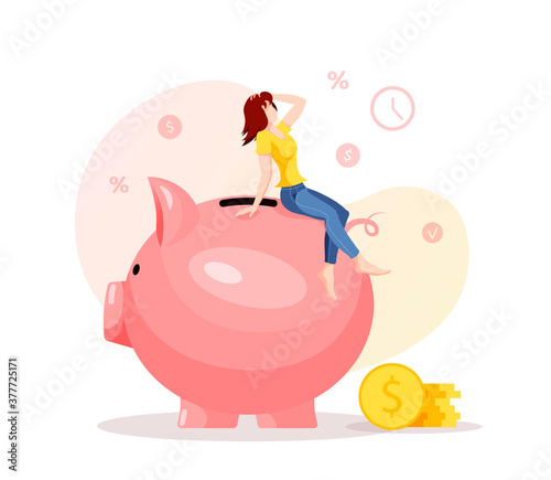 Large piggy bank in the form of a piglet, coins and young woman. Money saving or accumulating, Financial services, Deposit concept. Isolated vector illustration for banner, poster, advertising.