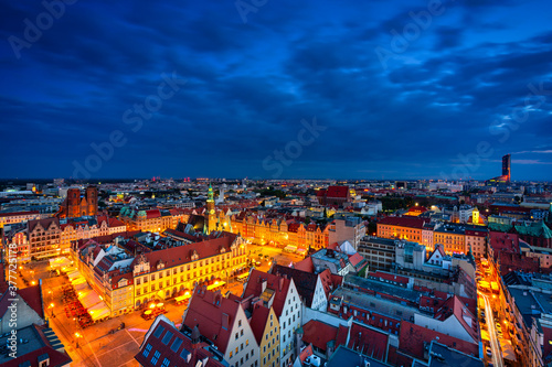 Beautiful architecture of the Old Town Market Square in Wrocław at night. Poland
