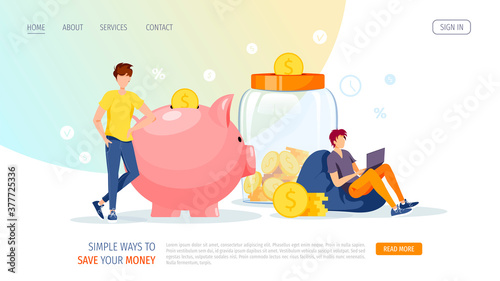 Large piggy banks in the form of piglet and jar with coins inside and people. Money saving or accumulating, Financial services, Deposit concept. Vector illustration for banner, poster, website.