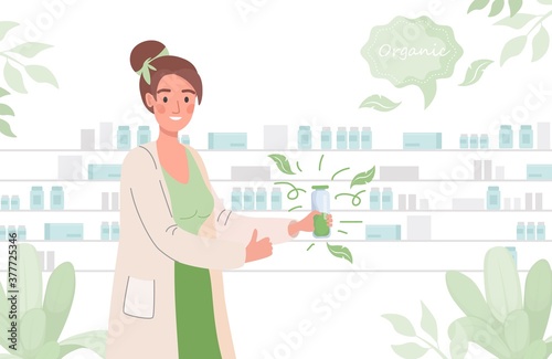 Pharmacist advertises an organic medicine or bio dietary supplement vector flat illustration. Young smiling woman in a white medicine robe holding a bottle with green liquid.