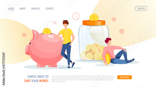 Large piggy banks in the form of piglet and jar with coins inside and people. Money saving or accumulating, Financial services, Deposit concept. Vector illustration for banner, poster, website.