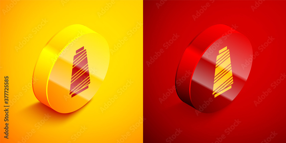 Isometric Sewing thread on spool icon isolated on orange and red background. Yarn spool. Thread bobbin. Circle button. Vector Illustration.