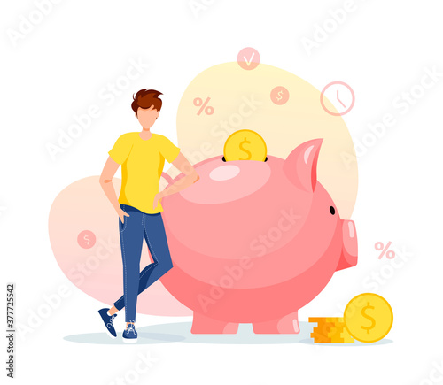 Large piggy bank in the form of a piglet, coins and young man. Money saving or accumulating, Financial services, Deposit concept. Isolated vector illustration for banner, poster, advertising.