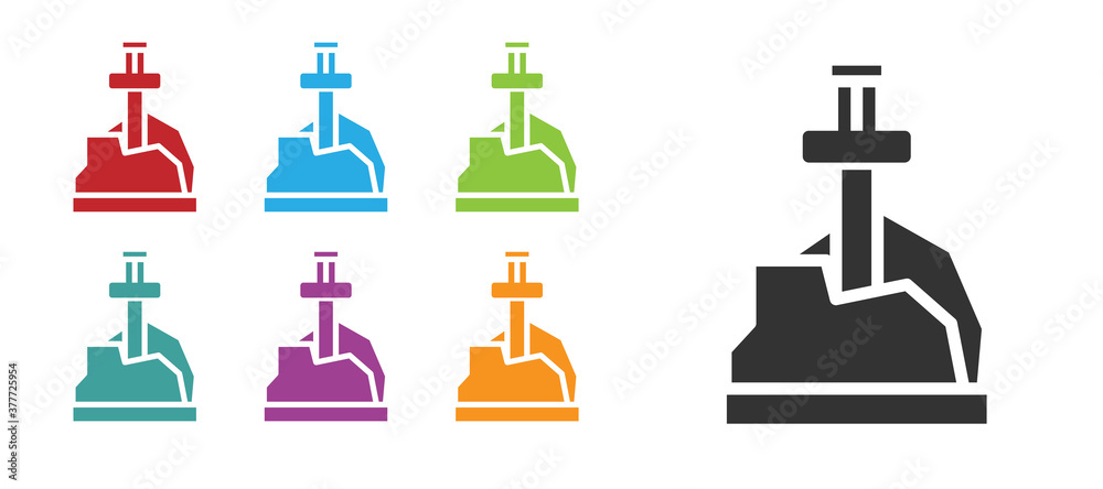 Black Sword in the stone icon isolated on white background. Excalibur the sword in the stone from the Arthurian legends. Set icons colorful. Vector. Black Sword in the stone icon isolated on white background. Excalibur the sword in the stone from the Arthurian legends. Set icons colorful. Vector.