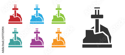 Black Sword in the stone icon isolated on white background. Excalibur the sword in the stone from the Arthurian legends. Set icons colorful. Vector.