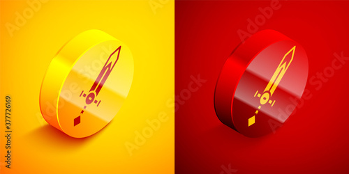 Isometric Medieval sword icon isolated on orange and red background. Medieval weapon. Circle button. Vector.