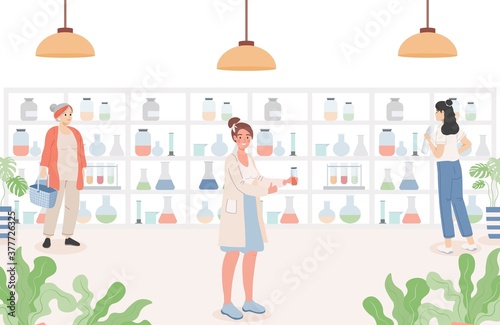 People in the pharmacy vector flat illustration. Drugstore interior with customers. Women standing near shelves with drugs. Healthcare, care of health, apothecary design concept.